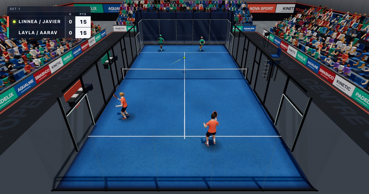 Four players in a doubles padel rally on a blue indoor centre court with a full crowd