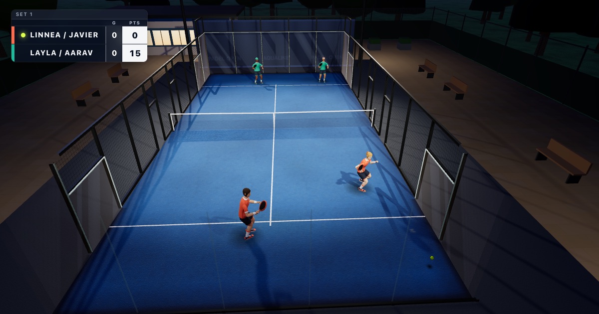 An outdoor padel court at dusk under floodlights in the padel game